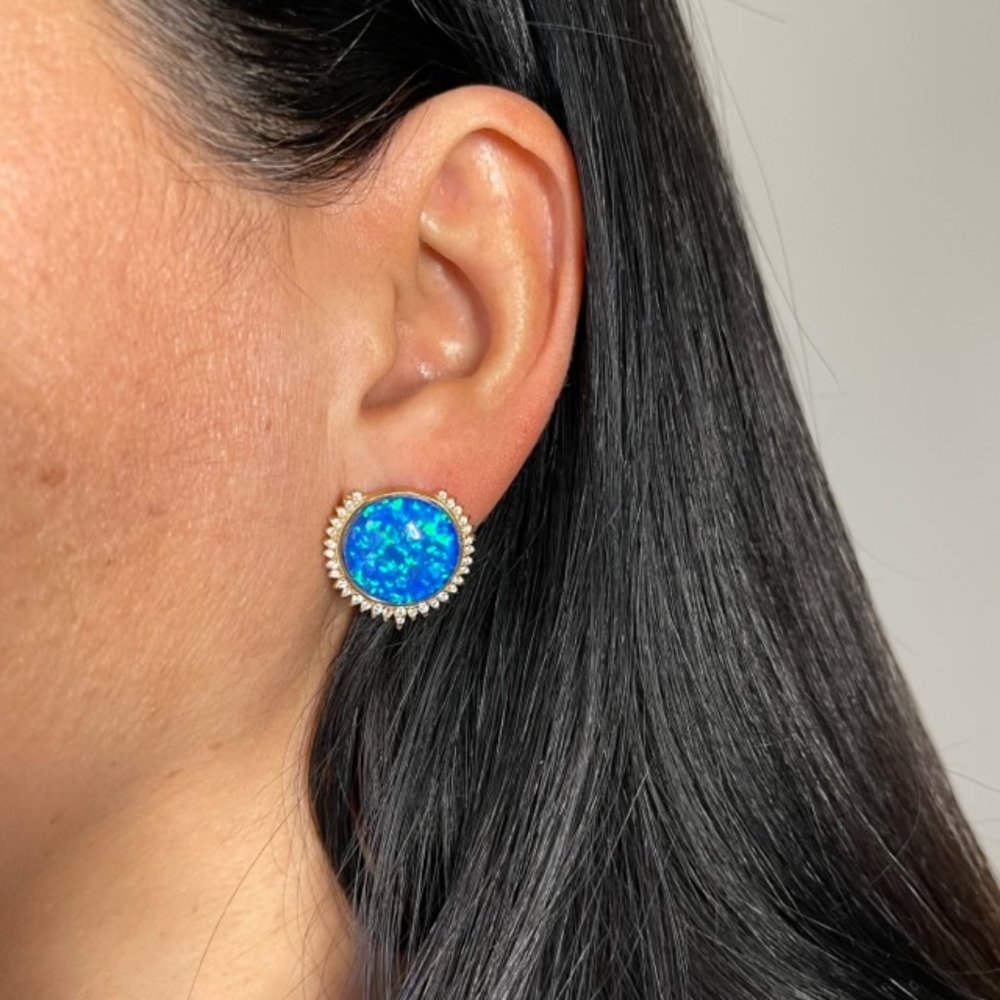 Blue Opal Halo Stud Earrings for Women